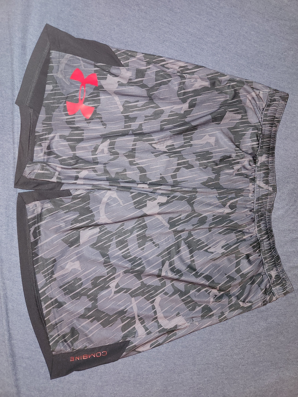 Under Armour Gray Camo Athletic Shorts with Red Logo
